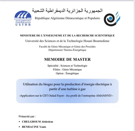 Master's research — biogas electricity generation using a gas turbine